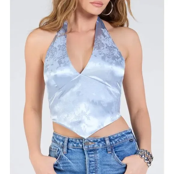 Windsor Satin Jacquard Halter Top Gray Silver Women's Large Tie Y2K Party Baddie - Picture 9 of 16